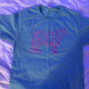 Blue T-Shirt with Pink Cow Graphic